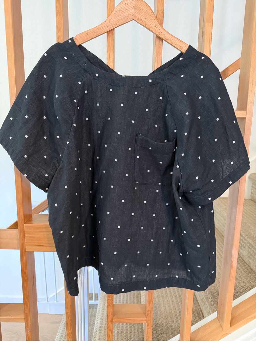 Madewell Black Linen Short-Sleeve Top with White Dot Pattern